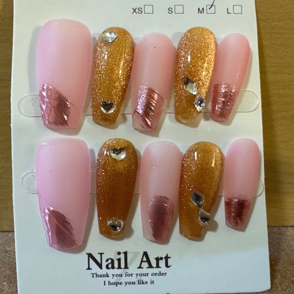 Pink and Gold Glitter Press On Nails Medium Coffin Heart Rhinestone 10pc Set